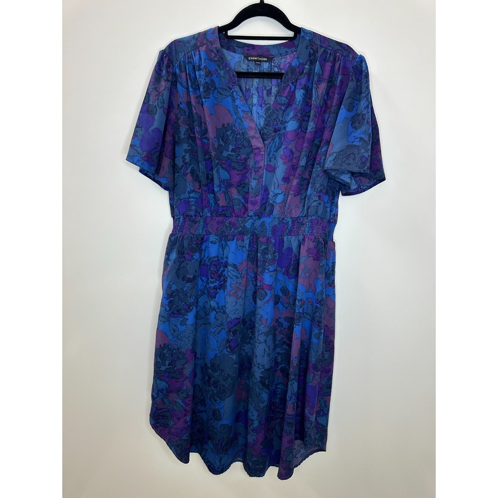 41 Hawthorn Smocked Waist V-Neck Midi Dress Floral Blue Purple SS Fit & Flare XL - Picture 11 of 11